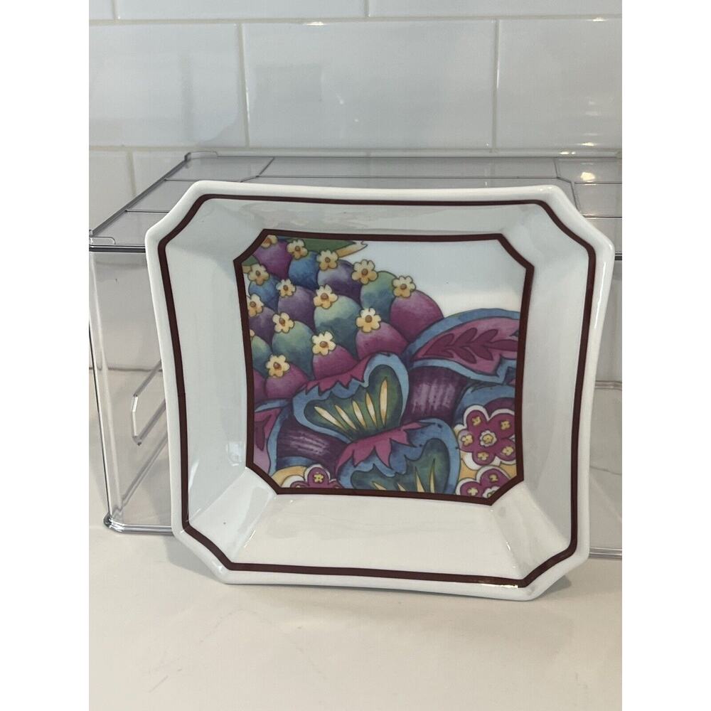 BAUM Full Bloom Floral Porcelain Square Dish Bowl 7.25” Sq Floral Butterfly